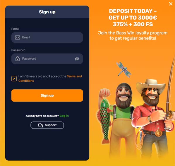 Bass Win signup screenshot