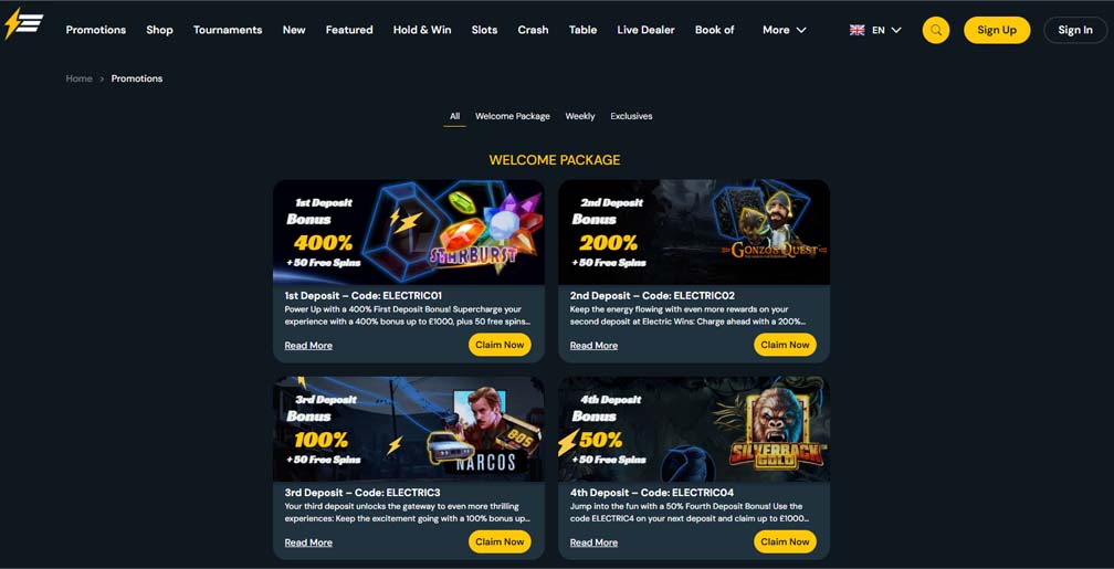 Electricwins casino bonuses screenshot