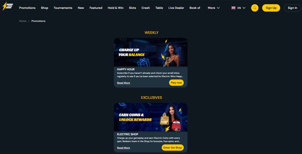 Electricwins casino promotions screenshot