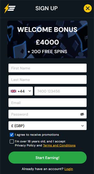 Electricwins casino sigbup screenshot