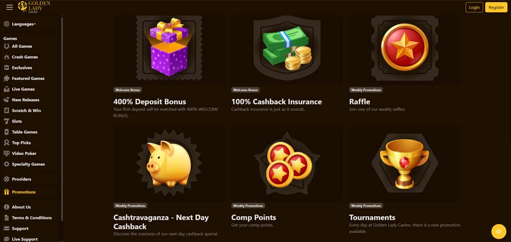 Golden Lady casino bonuses screenshot