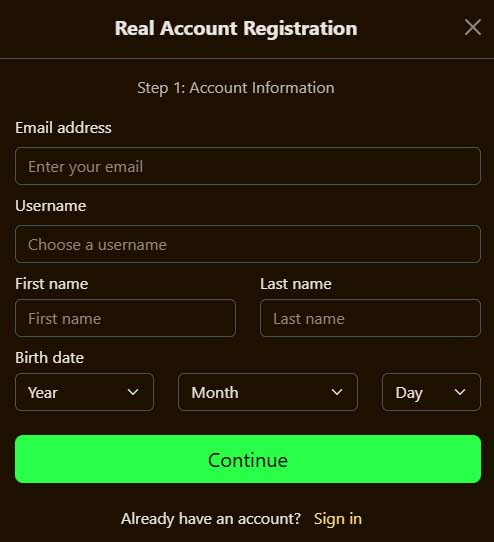 Golden Lady casino signup screenshot