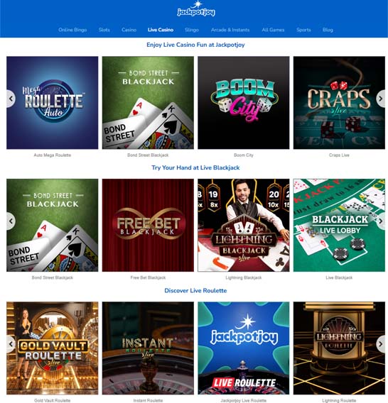 Jackpotjoy live casino games screenshot