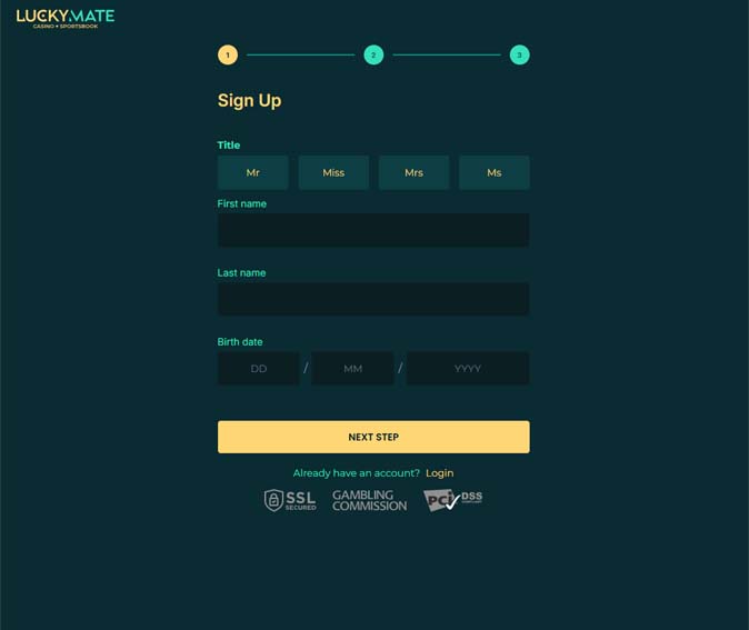 Lucky mate casino sigbup screenshot