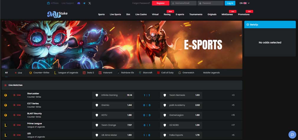 Mystake casino esports betting screenshot