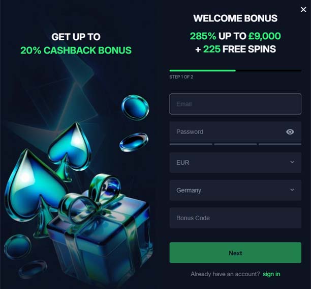 OnLuck casino signup screenshot
