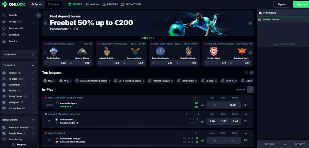 OnLuck casino sports betting screenshot