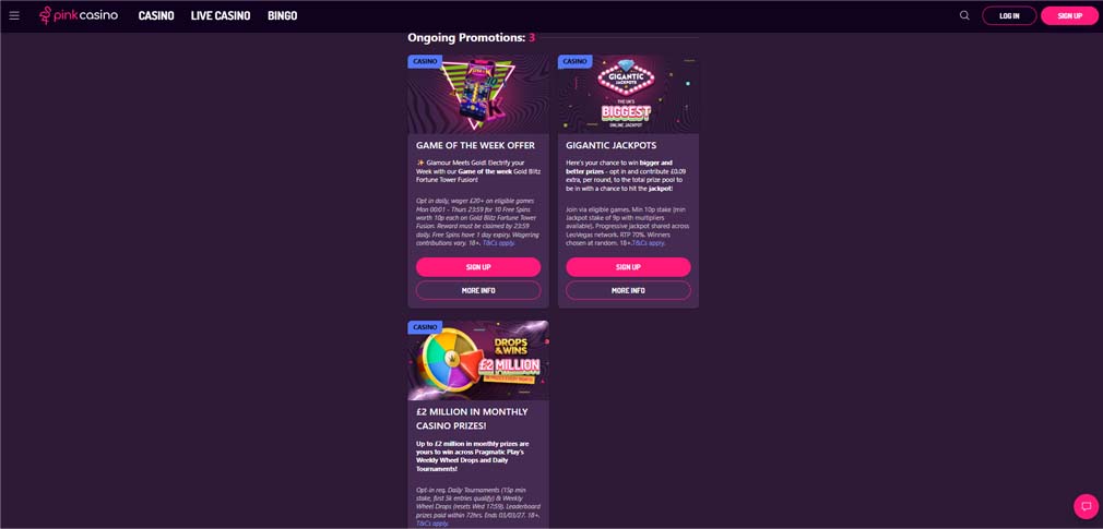 Pink casino ongoing promotions screenshot