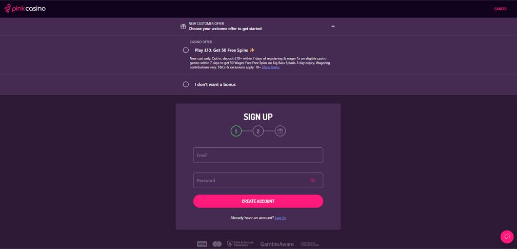 Pink casino signup screenshot