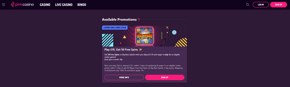 Pink casino welcome bonus screenshot