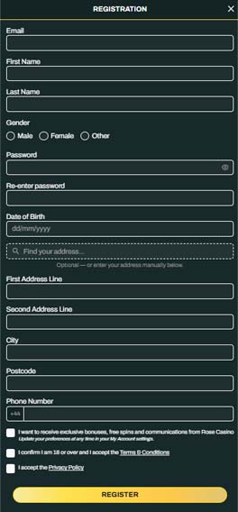 Rose casino registration screenshot