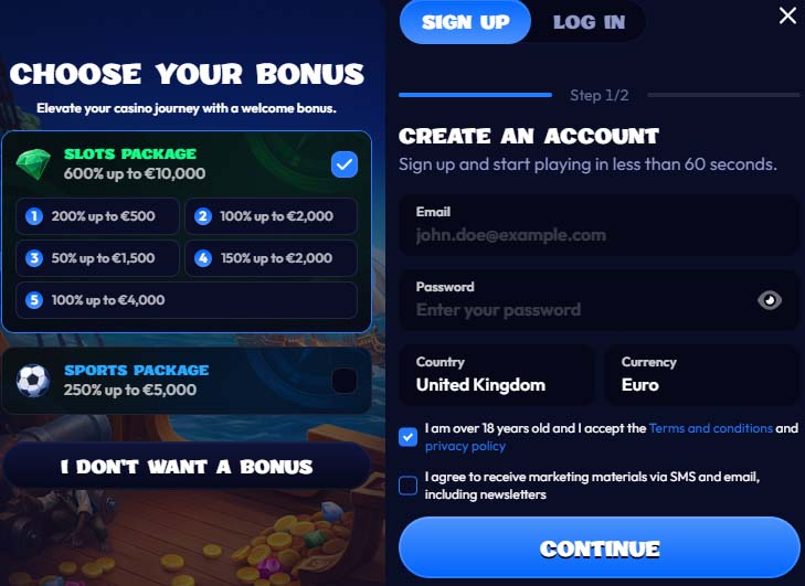 Smash casino signup screenshot