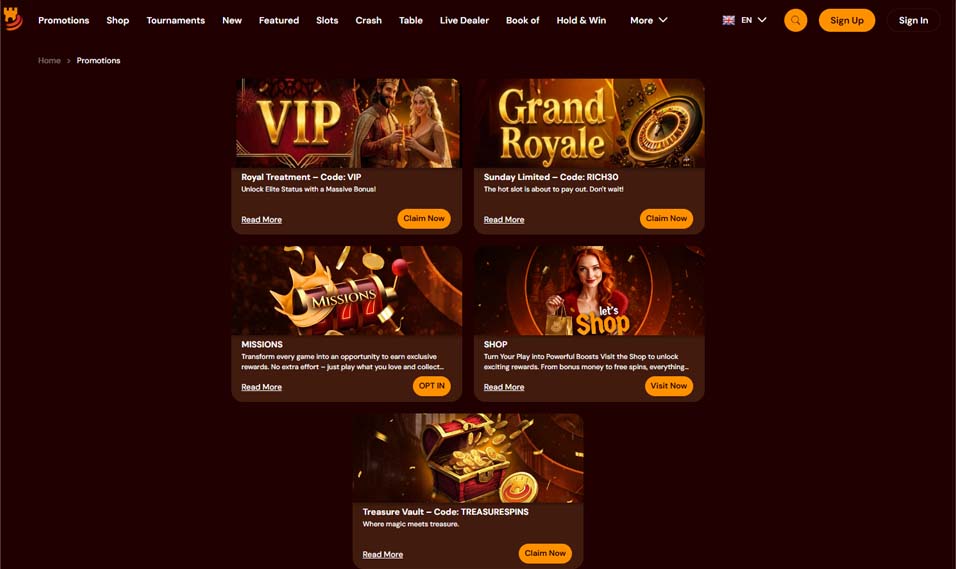 Spins Castle casino exclusives VIP bonuses screenshot