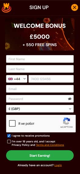 Spins Castle casino signup screenshot