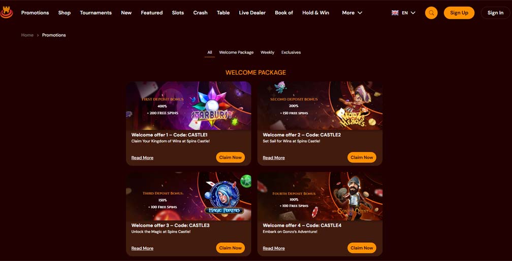 Spins Castle casino welcome bonus screenshot