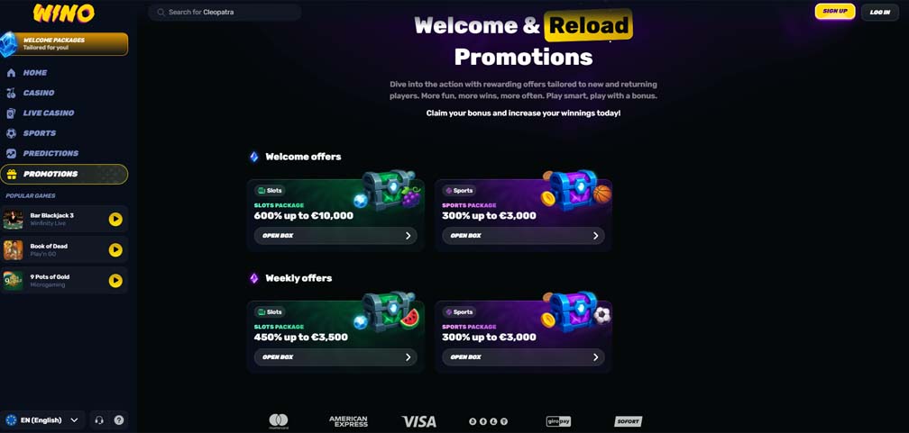 Wino casino bonuses screenshot