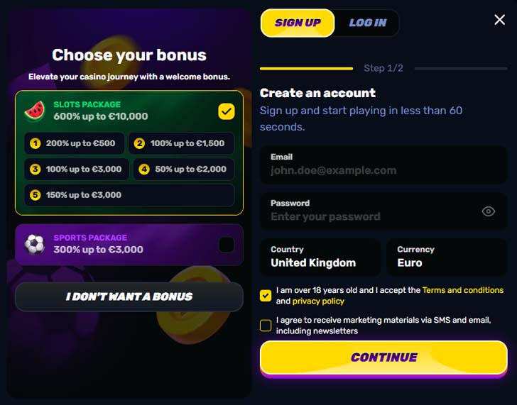 Wino casino signup screenshot