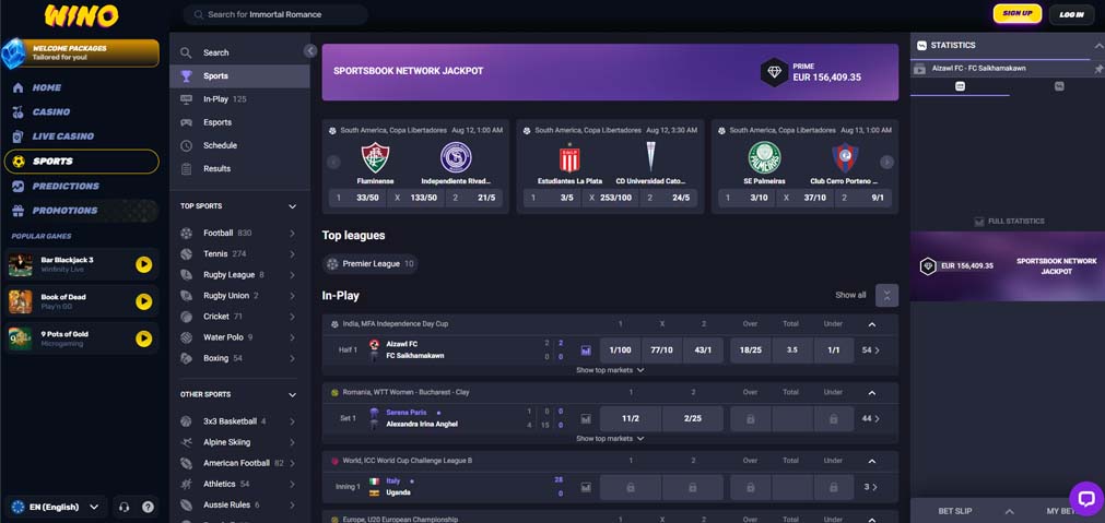 Wino casino sportsbook screenshot