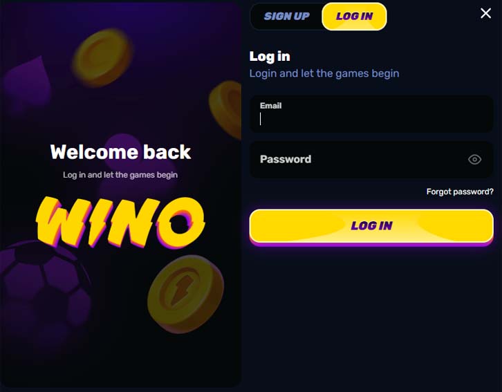 Wino casino login screenshot