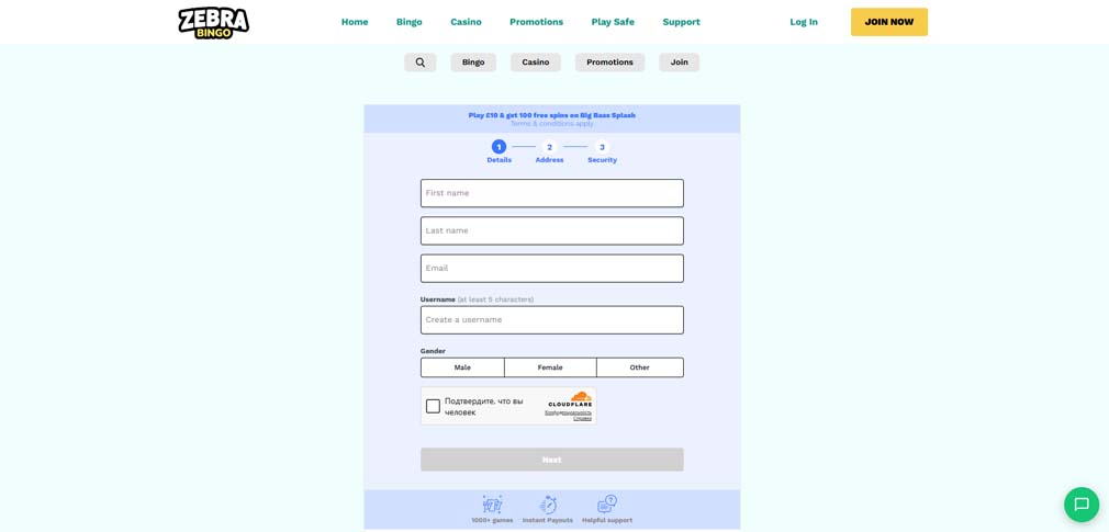 Zebrabingo casino registration screenshot